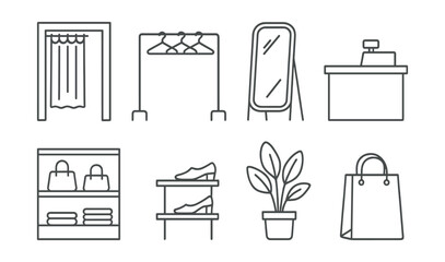 Line vector icons of boutique interior: fitting room, clothes rack, mirror, payment counter, display shelves, shoe stand, decor plant, shopping bag.