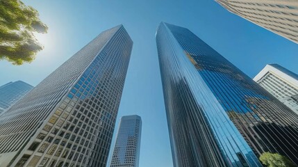 Looking up at modern skyscrapers against a bright blue sky in a city.