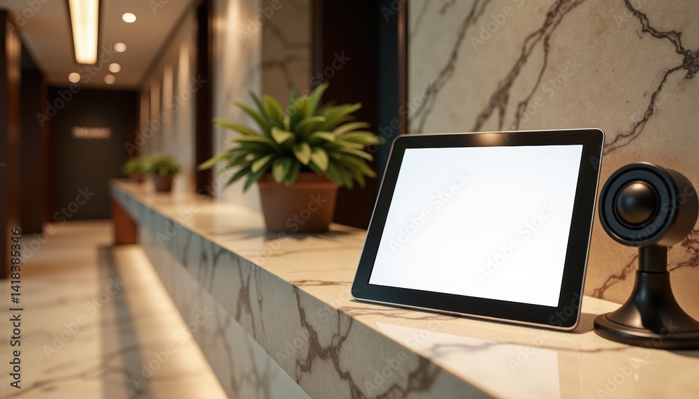 Aufkleber modern tablet display on marble countertop in stylish lobby