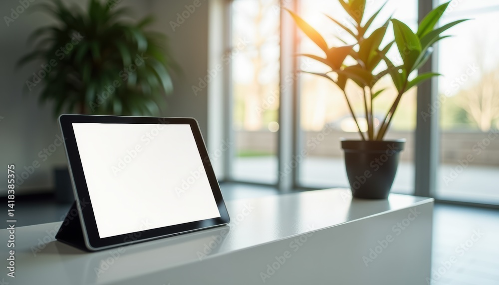 Poster tablet on a table with a plant and bright window background