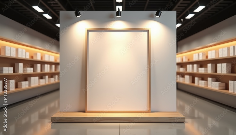 Poster Blank Canvas Displayed in Modern Art Gallery with Shelves  