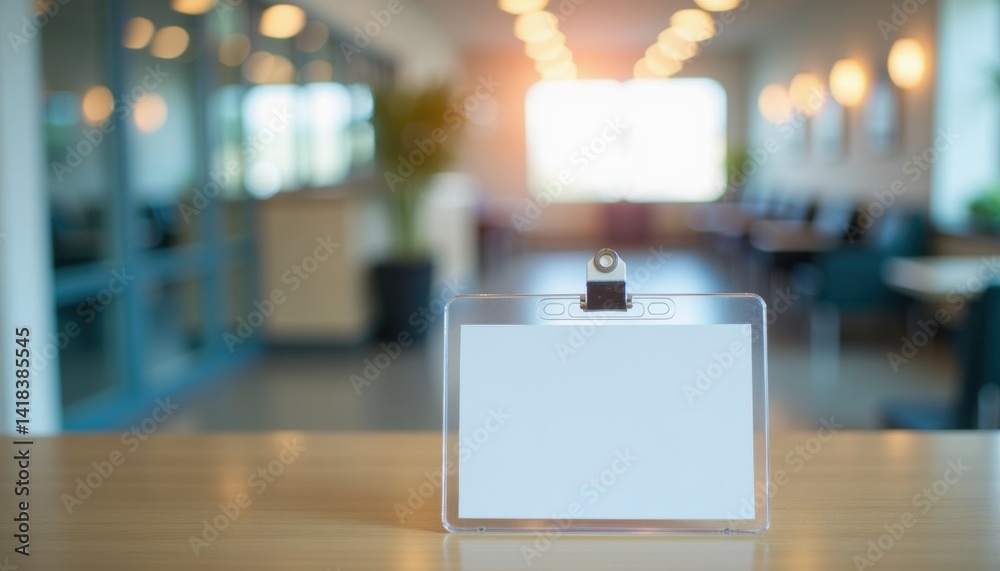 Poster blank name plate on a table in a modern office setting