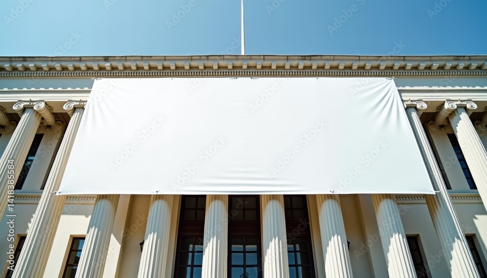 Poster blank banner displayed on imposing classical building facade