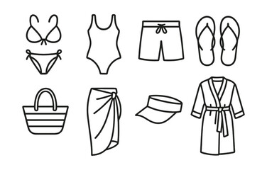Line vector icons of swimwear and beach style: bikini, one-piece swimsuit, swim trunks, flip flops, beach tote, sarong, sun visor, beach robe.