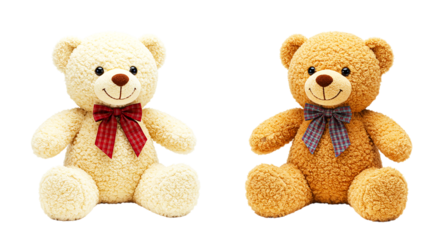 Two teddy bears sitting side by side one is cream colored and the other is brown with bows around their necks selling, purchasing, agreement, $