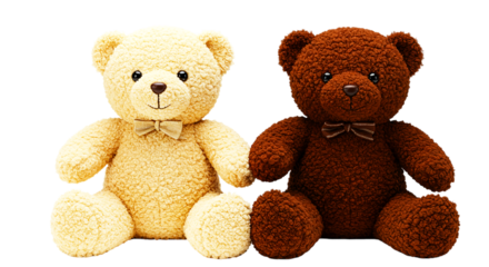 Two teddy bears sitting next to each other, one is light yellow and the other is brown with bows around neck selling, purchasing, agreement, $