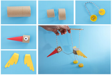 Step-by-step bird puppet made from recycled materials, ideal for DIY kids craft kits, eco toys, art schools, creative workshops, and educational content platforms promoting sustainability,