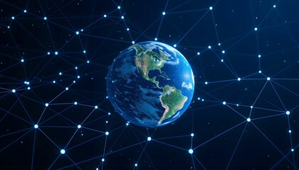Holographic Earth, glowing blue planet, digital globe, network connections illustration