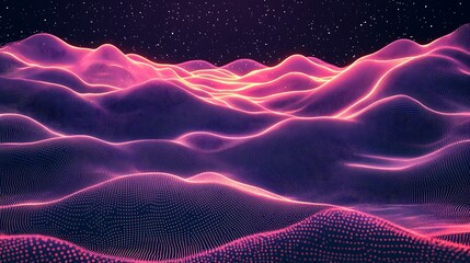 Abstract Digital Wave Landscape, Abstract digital landscape with glowing orange and blue dots forming wave-like patterns on a dark background