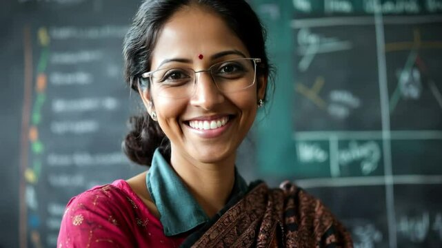 Smiling indian teacher in a classroom with a chalkboard background  
