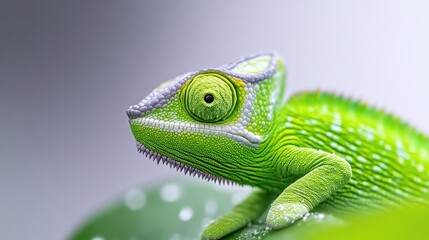 A vibrant green chameleon perched on a leaf, close-up view with detailed texture and vivid colors, and natural wildlife photography.