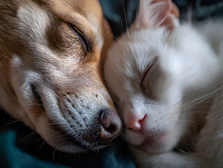 Adorable Cat and Dog Sleeping Peacefully Together
