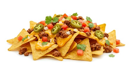 Nacho arrangement on white background. Mexican food
