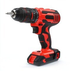 A cordless drill with red and black accents isolated on white background