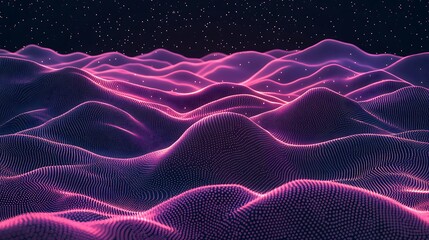 Abstract Digital Wave Landscape, Abstract digital landscape with glowing orange and blue dots forming wave-like patterns on a dark background