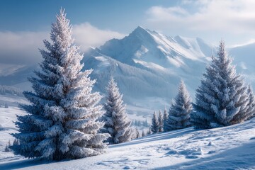 Snowy Mountain Scenery with Evergreen Trees and a Clear Sky