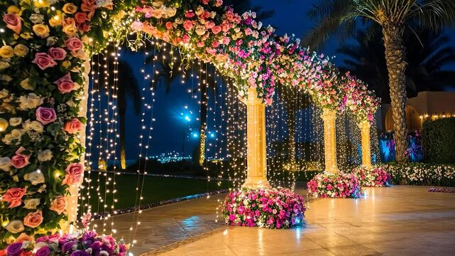 Floral archway with string lights at night wedding reception