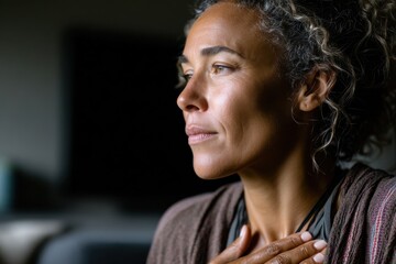 A close-up image of a thoughtful woman staring into the distance, embodying serenity and reflection with soft lighting emphasizing her features and expressions beautifully.