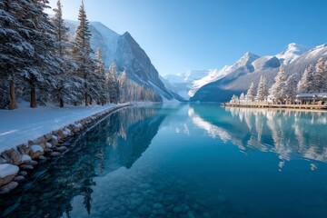Obraz premium Lake Louise Winter Scenery with Snowy Mountains and Clear Water Reflection