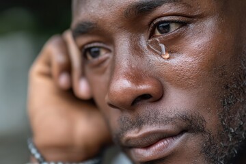 This image captures a poignant moment of a man deep in thought and emotion, with a tear rolling down his cheek, revealing vulnerability and introspection.
