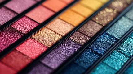 Fototapeta premium Close Up View Of Colorful Makeup Palette With Glittery Eye Shadows Displaying Various Shades