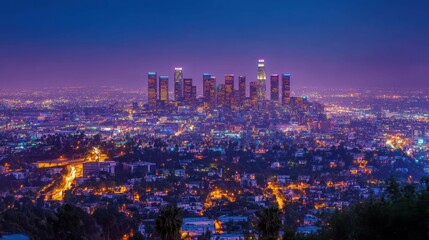 Fototapeta premium Los Angeles skyline at night with buildings illuminated under a colorful sky.