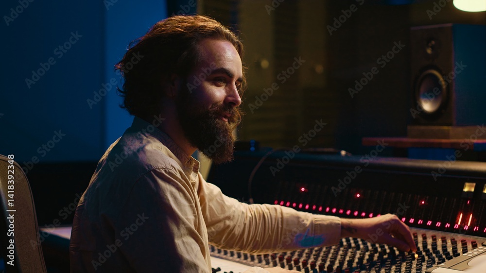 Poster music engineer working in professional studio control room to do mix and master on audio recordings,