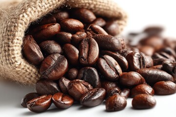 Naklejka premium Close-up of aromatic roasted coffee beans spilling out of a burlap sack, showcasing their rich, dark color and inviting texture against a clean, white background.