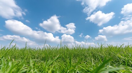 Obraz premium Grass Field under Blue Sky Lush Green Blades Vibrant High-Resolution Wide Angle View Natural Textures Peaceful Serenity Sunny Meadow Bright Spring Tones Ideal for Nature Websites