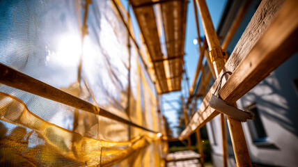 Scaffolding with protective netting on construction site with a bright sun and blue sky in the background. 