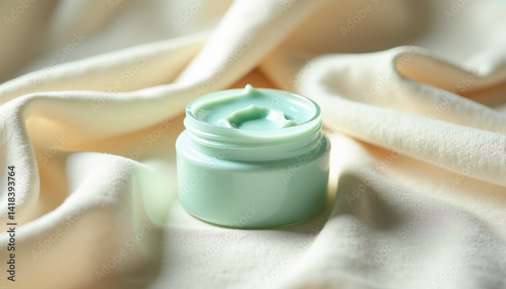 Poster moisturizing cream jar on soft fabric background