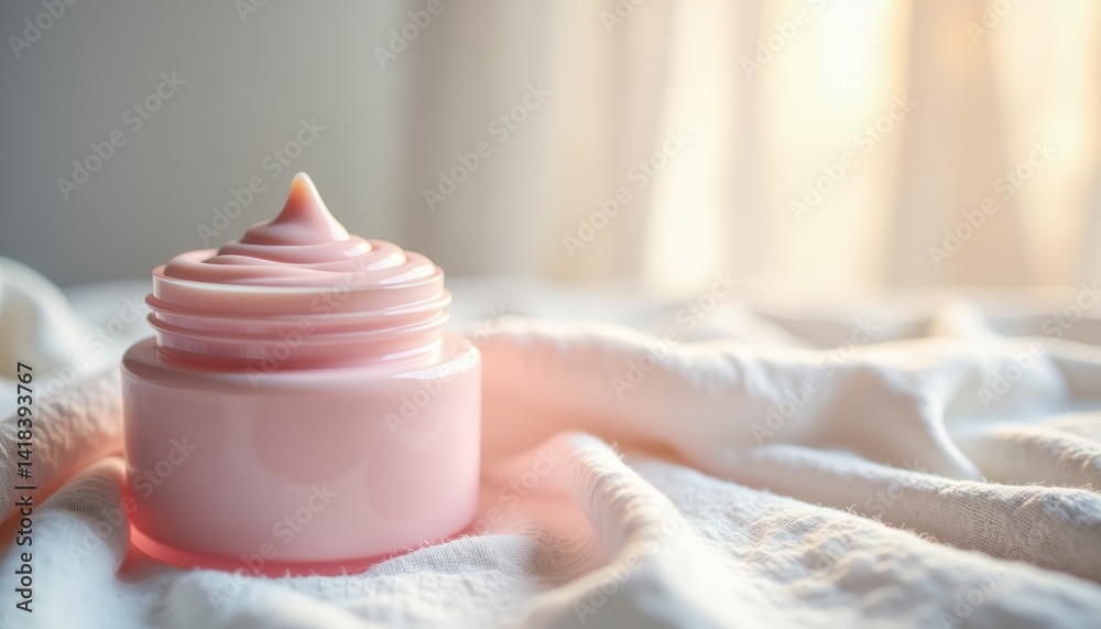 Poster pink cream jar with swirled texture on soft blanket background