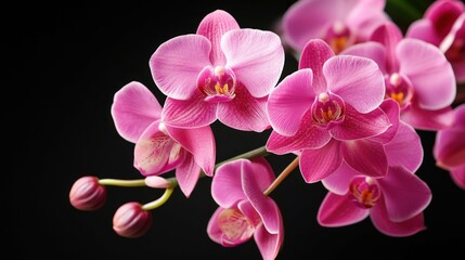 Obraz premium Close-up of vibrant pink orchids in full bloom against a stark black backdrop.