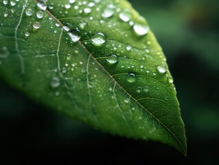 Fototapeta premium Macro shot: Dew-kissed leaf. A verdant leaf adorned with glistening water droplets, nature's artistry on display in vivid detail. Freshness defined.