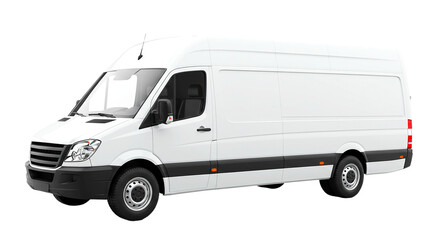A white delivery van with black trim and a high roof is parked on a black background in a studio shot