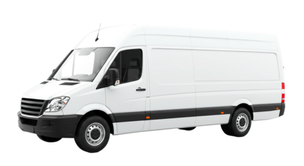 A white delivery van with black trim and a high roof is parked on a black background in a studio shot