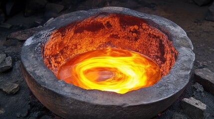 A close-up of molten metal glowing in a heavy iron crucible.