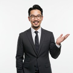 Professional businessman in charcoal suit and black tie with confident pose and warm smile isolated on white background