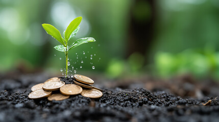 Plant Growing from Pile of Coins, Symbolizing Investment and Growth
