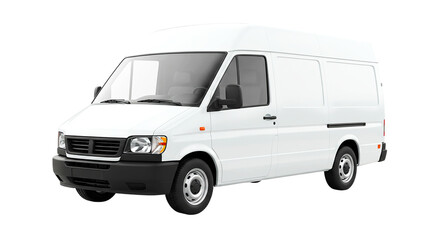A white cargo van is parked on a black background with a gray windshield and black trim details