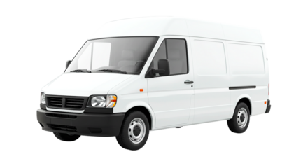 A white cargo van is parked on a black background with a gray windshield and black trim details