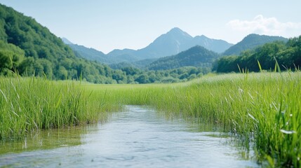 Serene mountain stream through lush green meadow