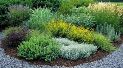 A beautiful, landscaped garden featuring various plants and ground cover.