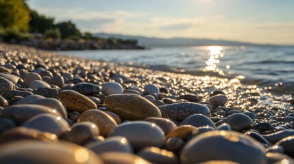 Obraz premium Smooth pebbles on a beach at sunset with sun reflecting on the water.