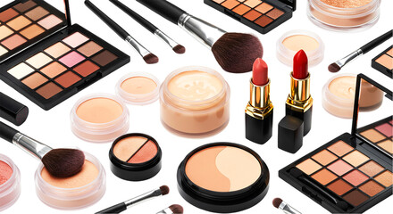 A collection of makeup products including eyeshadow palettes, brushes, and lipsticks on a black background