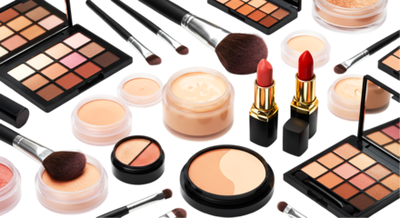 A collection of makeup products including eyeshadow palettes, brushes, and lipsticks on a black background
