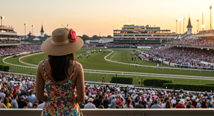 Woman spectator overlooking Churchill Downs racetrack Kentucky Derby sunset