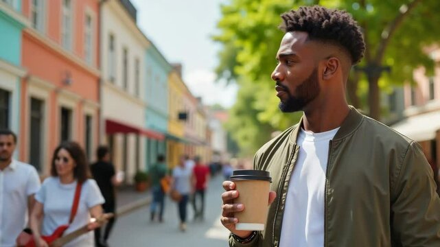 Stylish man with beard holding cappuccino in kraft paper cup with black lid walking along colorful European street on a warm sunny day, urban lifestyle concept. 4k. Motion