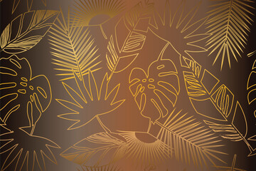 Golden lacy leaves of tropical plants on a brown background seamless vector pattern


