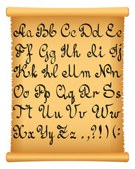 Parchment scroll and calligraphic letters of the english alphabet vector image
